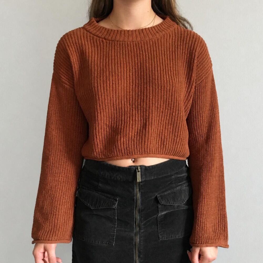 Fable Brown Rust Cropped Sweater Ribbed Knit Long Sleeve Crew Neck Cozy Fall